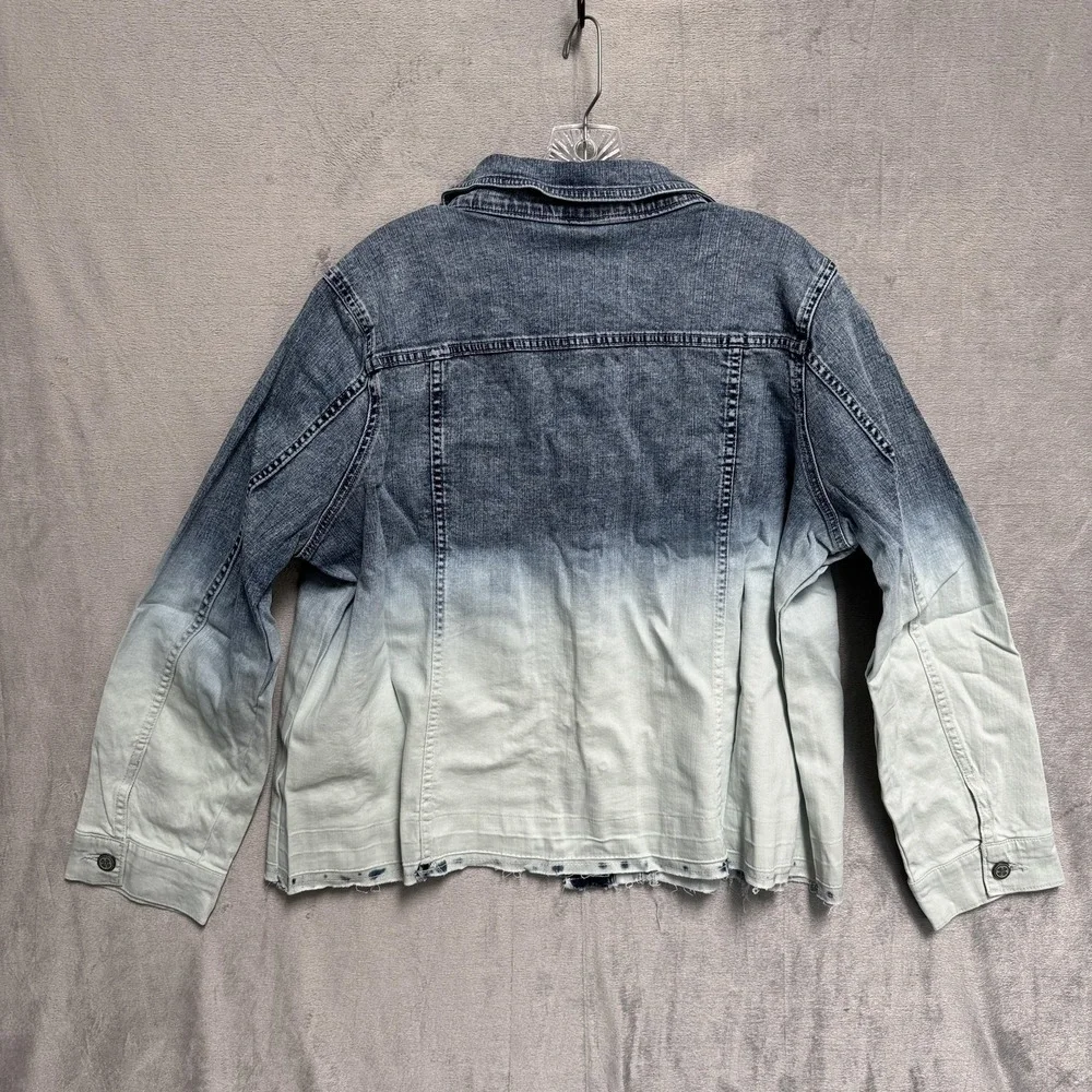 Laurie Felt Jacket‎ Womens 1X Blue Ombre Denim Button Front Raw Hem Stretch Plus